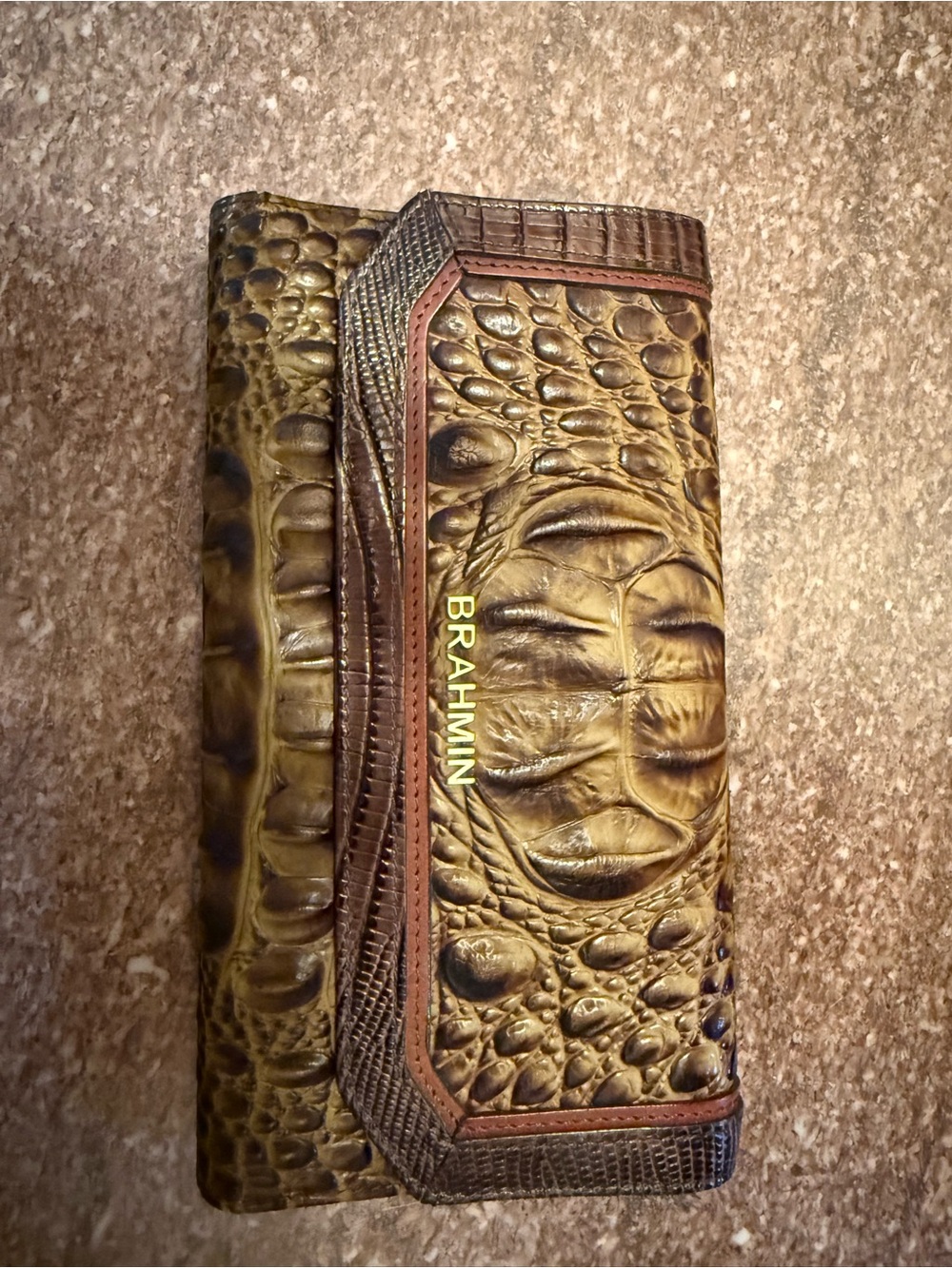 Brahmin Olive Green Croc-Embossed Leather Wallet with Brown Trim